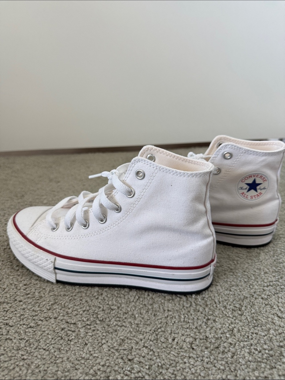 Converse Chuck Taylor All Star High Top Sneakers - White with Red & Navy Stripe